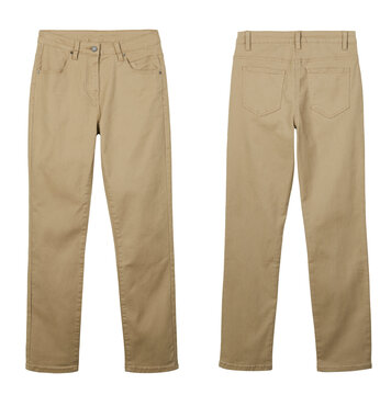 Brown jeans front and back view isolated on white background