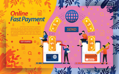 Fastest online payment. transfer money online with cards and smartphones. send money, concept vector ilustration. can use for, landing page, template, ui, web, mobile app, poster, banner, flaye