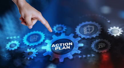 Action Plan Business Technology strategy concept on virtual screen. Mixed Media Background