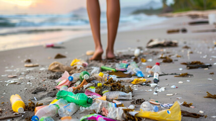 A low-angle shot captures a person standing on a beach strewn with trash, depicting an ecological disaster. - obrazy, fototapety, plakaty