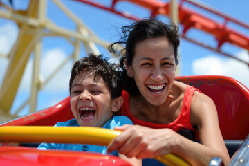 Fototapeta na wymiar Happy mother and son riding a rollercoaster at an amusement park