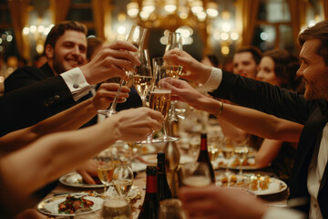 Happy people cheers with champagne drinks glasses at dinner gala