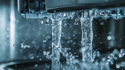 A macro shot of the dishwashers drainage system visibly collecting water and directing it out of the machine.