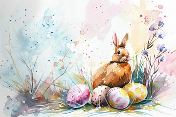 Watercolor painting of a bunny with Easter eggs. Generative ai.