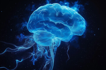 Obraz premium glowing neon light brain. blue light and black background. generative ai.