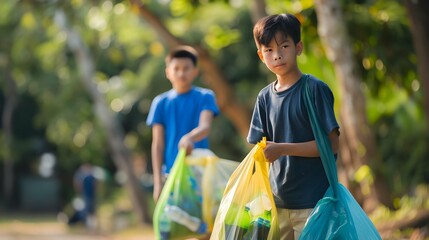 Volunteer teenage boys are holding garbage bags and Collecting plastic bottle waste at public parks for recycling, Reuse, and waste management concepts - obrazy, fototapety, plakaty