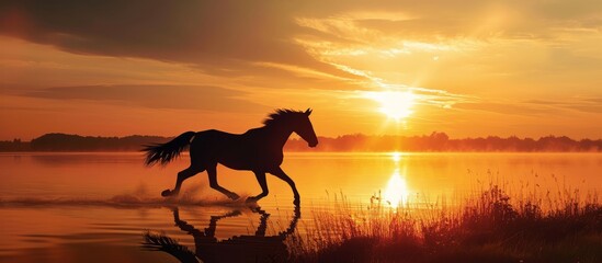A majestic horse galloping through the water under the colorful sky at dusk, with sunlight reflecting on the tranquil landscape of grassland and clouds