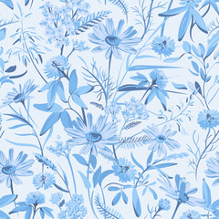 Fototapeta na wymiar Seamless pattern with blue flowers - Chamomilla, Clover, Achillea Millefolium and grass isolated on dark blue background. Hand-drawn illustrations of wildflowers. 