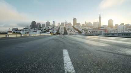 Empty urban asphalt road exterior with city buildings background. New modern highway concrete construction. Concept way to success. Transportation logistic industry fast delivery. San  : Generative AI - obrazy, fototapety, plakaty