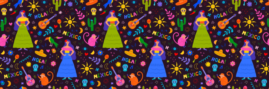 Mexican holiday, party. Cinco De Mayo. Vector seamless pattern with traditional symbols of cactus, skull, guitar, flowers and animals
