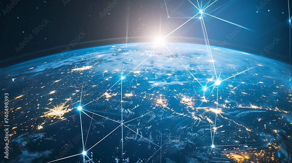 Poster Communication technology for internet business Global world network and telecommunication on earth cryptocurrency and blockchain and IoT Elements of this image  : Generative AI