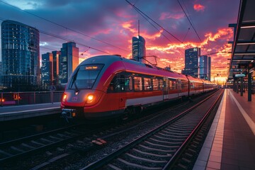 Beautiful railway station with modern high speed red commuter train at colorful sunset. Railroad with vintage toning. Train at railway platform. - obrazy, fototapety, plakaty