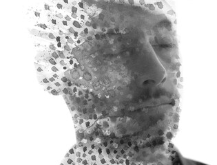 A paintography portrait of a man with closed eyes in double exposure technique - 740498389