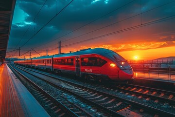 Beautiful railway station with modern high speed red commuter train at colorful sunset. Railroad with vintage toning. Train at railway platform. - obrazy, fototapety, plakaty