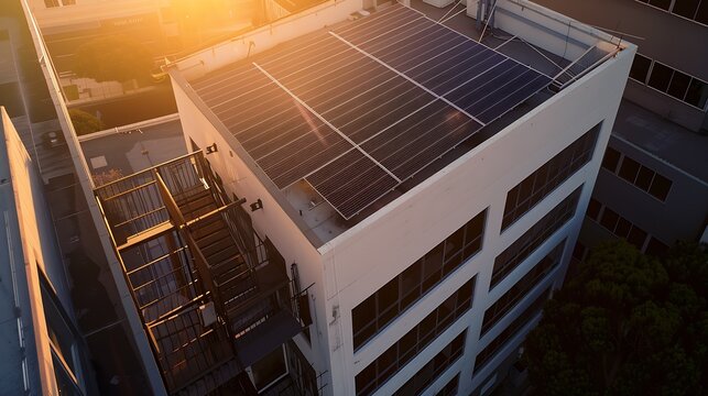 a top down shot of a white building with solar panels on the roof, black windows and black metal stairs on the backside of the building. It is sunset and the area is empty. : Generative AI