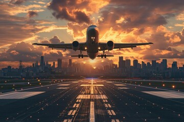passenger plane taking over airport runway use for air transport and traveling theme - 740498547