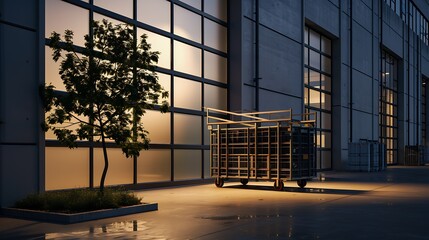Exterior of industrial building. Empty cart in industrial area. Industrial area in evening. Hand cart at entrance to building. Metal cart. Trolley for cargo transportation. 3d renderin : Generative AI - obrazy, fototapety, plakaty