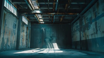 Weathered facility of abandoned industrial building of plant with rusty metal ceiling and shabby concrete floor : Generative AI - obrazy, fototapety, plakaty