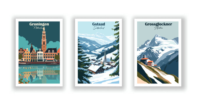 Groningen, Netherlands. Grossglockner, Austria. Gstaad, Switzerland - Vintage travel poster. Vector illustration. High quality prints