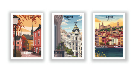 Lund, Sweden. Lyon, France. Madrid, Spain - Vintage travel poster. Vector illustration. High quality prints