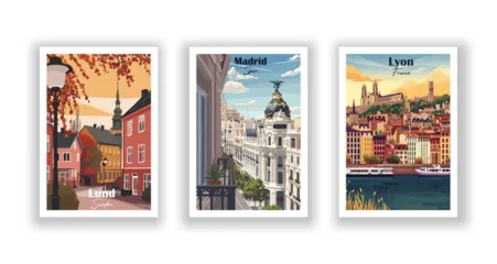  Lund, Sweden. Lyon, France. Madrid, Spain - Vintage travel poster. Vector illustration. High quality prints © DesignerThc