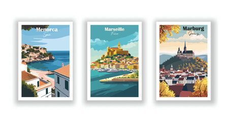 Marburg, Germany. Marseille, France. Menorca, Spain - Vintage travel poster. Vector illustration. High quality prints