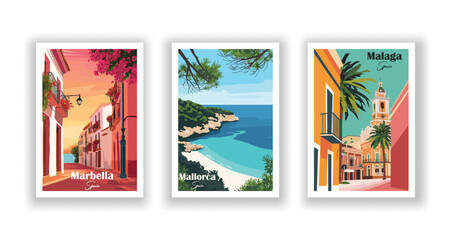 Malaga, Spain. Mallorca, Spain. Marbella, Spain - Vintage travel poster. Vector illustration. High quality prints - obrazy, fototapety, plakaty