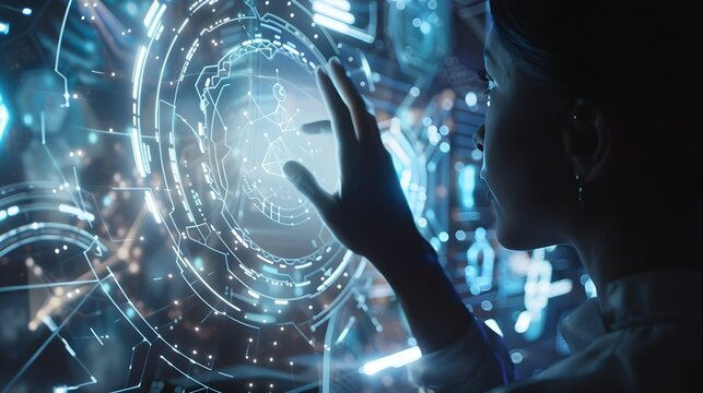Person engaging with a futuristic digital interface, sustainability concept 