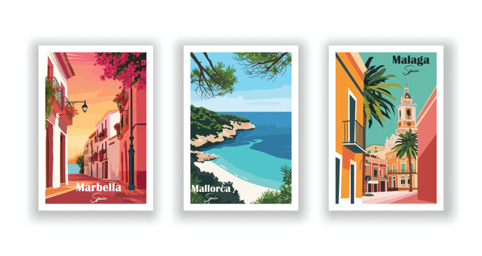 Malaga, Spain. Mallorca, Spain. Marbella, Spain - Vintage travel poster. Vector illustration. High quality prints