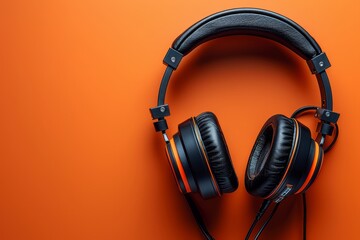 podcasting concept, directly above view of headphones and recording microphone on a orange background.