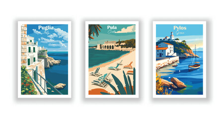 Puglia, Italy. Pula, Croatia. Pylos, Greece - Vintage travel poster. Vector illustration. High quality prints