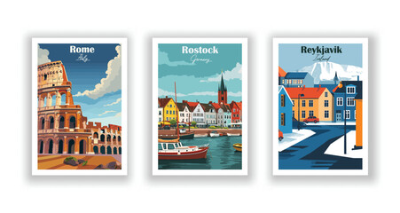 Reykjavik, Iceland. Rome, Italy. Rostock, Germany - Vintage travel poster. Vector illustration. High quality prints