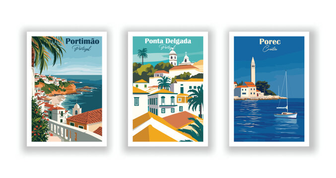 Ponta Delgada, Portugal. Porec, Croatia. Portimão, Portugal - Vintage travel poster. Vector illustration. High quality prints