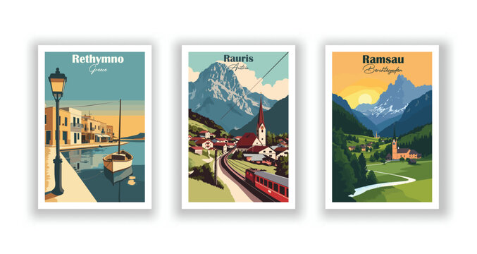 Ramsau, Berchtesgaden. Rauris, Austria. Rethymno, Greece - Vintage travel poster. Vector illustration. High quality prints