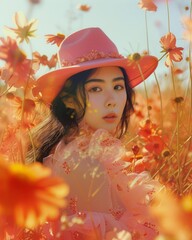 The photo captures a young woman wearing a pink hat amidst orange blossoms, depicting a vivid spring atmosphere