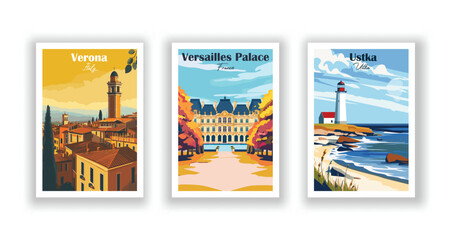 Ustka, Ustka. Verona, Italy. Versailles Palace, France - Vintage travel poster. Vector illustration. High quality prints
