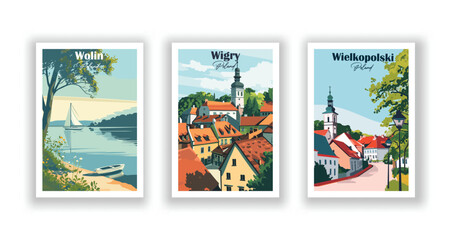 Wielkopolski, Poland. Wigry, Poland. Wolin, Poland - Vintage travel poster. Vector illustration. High quality prints