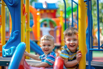 Fototapeta na wymiar little boys playing in the playground outdoor. Kids play on school or kindergarten yard