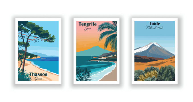 Teide, National Park. Tenerife, Spain. Thassos, Greece - Vintage travel poster. Vector illustration. High quality prints
