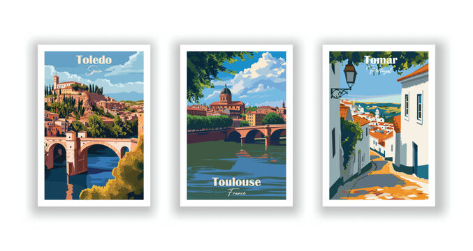Toledo, Spain. Tomar, Portugal. Toulouse, France - Vintage travel poster. Vector illustration. High quality prints