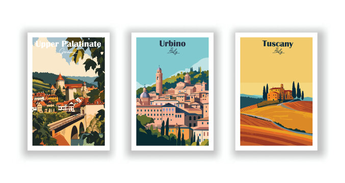 Tuscany, Italy. Upper Palatinate, Germany. Urbino, Italy - Vintage travel poster. Vector illustration. High quality prints