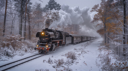 black steam locomotive in the snowy landscape forest with snow