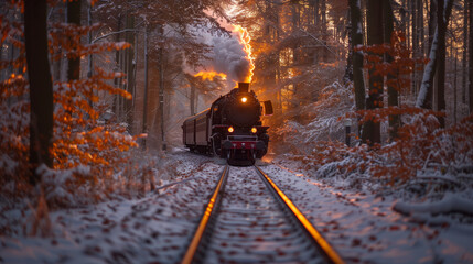 black steam locomotive in the snowy landscape forest mountains of Harz Germany in winter with snow, Steam engine train in Harz Region at sunset