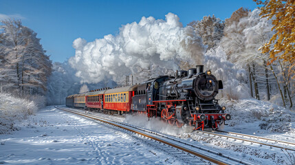 black steam locomotive in the snowy landscape forest mountains of Harz Germany in winter with snow, Steam engine train in Harz Region daytime blue sky