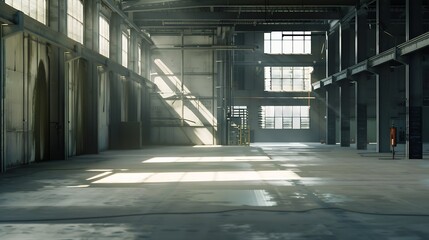 Empty industrial building with concrete floors, precast concrete rib beams, metal sliding doors : Generative AI - obrazy, fototapety, plakaty