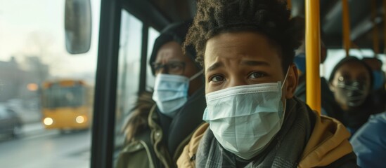 A young woman wearing a protective face mask while commuting on a bus during the coronavirus pandemic