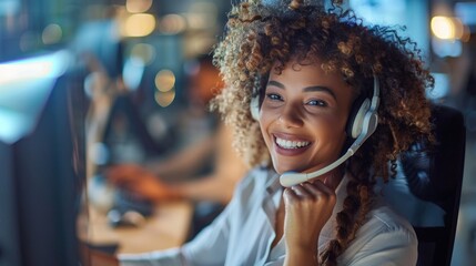 Call center agent smiling while working on a computer and talking with a customer on the phone, customer support representative - obrazy, fototapety, plakaty
