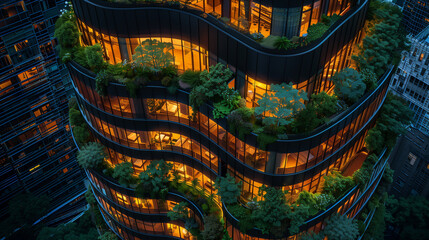 Green skyscraper ressidance building with plants growing on the facade. Ecology and green living in city, urban environment concept. Park in the sky, Eco-friendly building in the modern city. 