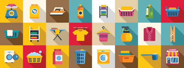 Laundry shop icons set flat vector. Cloth iron basket. Business clean machine