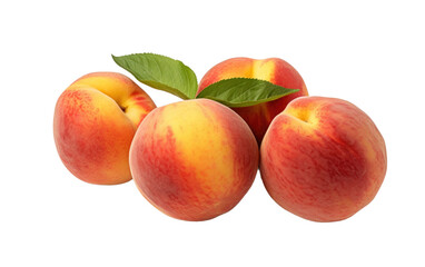 A collection of peaches with vibrant green leaves arranged in a group on a surface. Isolated on a Transparent Background PNG.